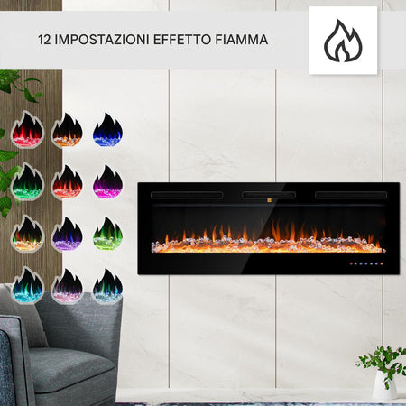 Camino Elettrico a Incasso Riscaldante Parete Fiamma Regolabile Telecomando 132cm