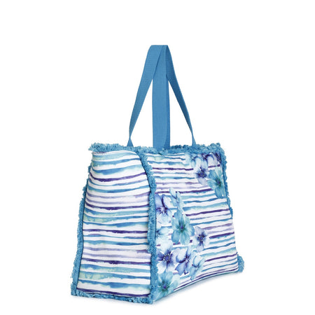 BORSA MARE IN TESSUTO STAMPATO CON FRANGINE E MANICI A NASTRO