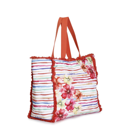 BORSA MARE IN TESSUTO STAMPATO CON FRANGINE E MANICI A NASTRO