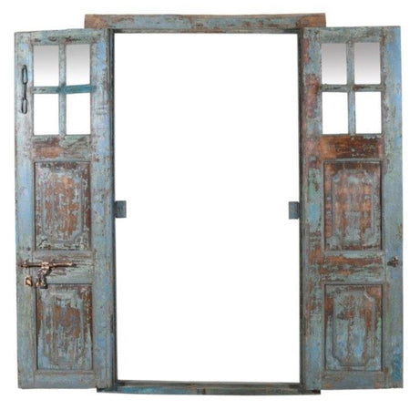 Biscottini Porta portone in legno massello e ferro da interno o da esterno vecchia e antica medievale con telaio e vetro