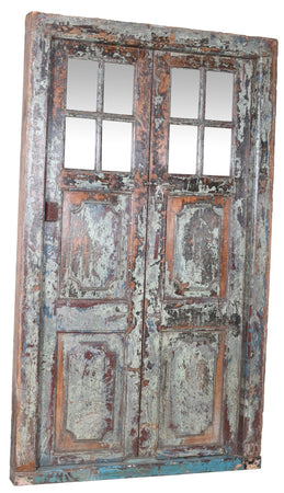 Biscottini Porta portone in legno massello e ferro da interno o da esterno vecchia e antica medievale con telaio e vetro