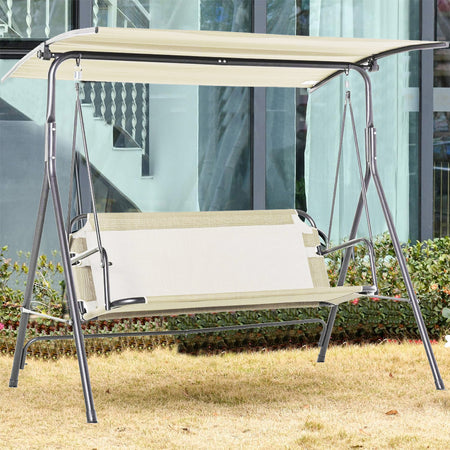 Dondolo da Giardino 3 Posti 172cm Tettuccio Regolabile Impermeabile Struttura Acciaio Beige