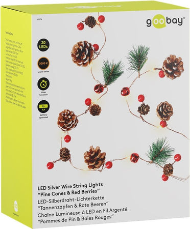 20 Luci LED in Filo d'argento Pigne e Bacche Rosse