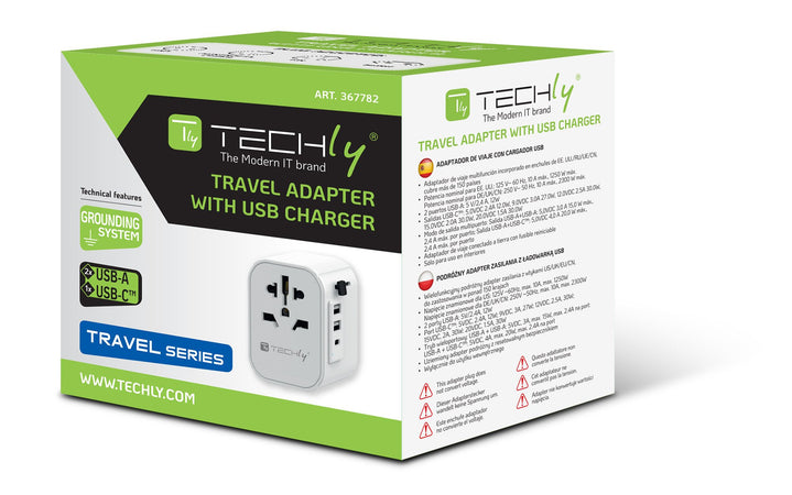 Adattatore da Viaggio Universale 150 Paesi 2 porte USB-A e 1 porta USB-C&trade Bianco