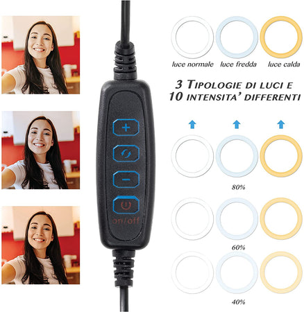 Luce LED Anello 20cm per 1/4'' Regolazione Luminosità Stand Smartphone