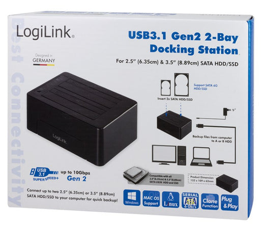 Docking Station USB3.1 Gen2 Doppio Slot HDD/SSD SATA da 2.5''/3.5'' Nero