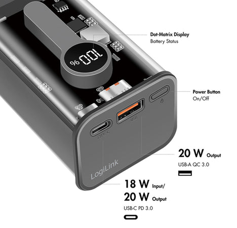 Power Bank 10000 mAh 1x USB-A 1x USB-C&trade con Display PD & QC Trasparente