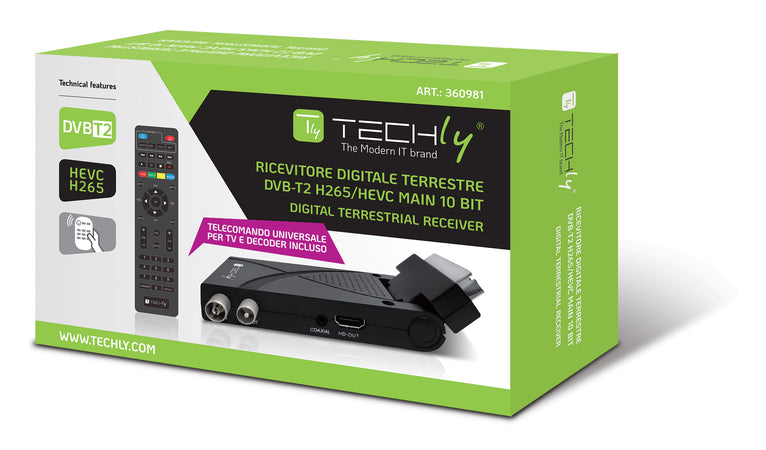 Decoder Ricevitore Digitale Terrestre DVB-T/T2 H.265 HEVC 10bit USB HDMI Scart 180° e Telecomando Universale 2 in 1