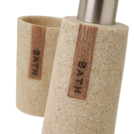 kit da Bagno 3pz con Dispenser Porta Sapone Bicchiere Effetto Pietra Beige