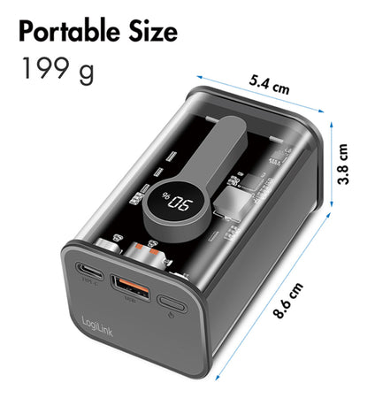 Power Bank 10000 mAh 1x USB-A 1x USB-C&trade con Display PD & QC Trasparente