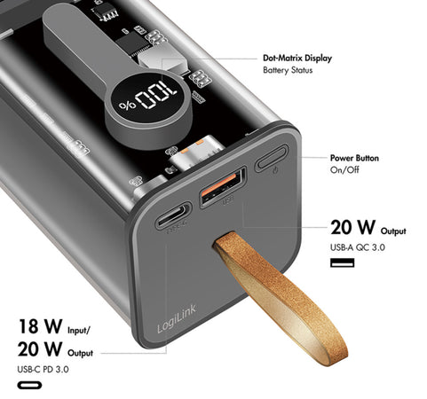 Power Bank 20000 mAh 1x USB-A 1x USB-C&trade con Display PD & QC Trasparente