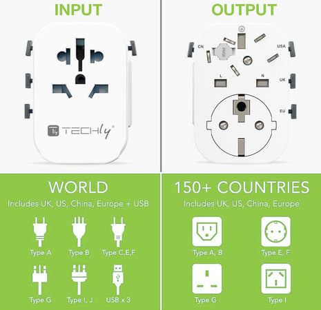 Adattatore da Viaggio Universale 150 Paesi 3 porte USB tipo A Bianco