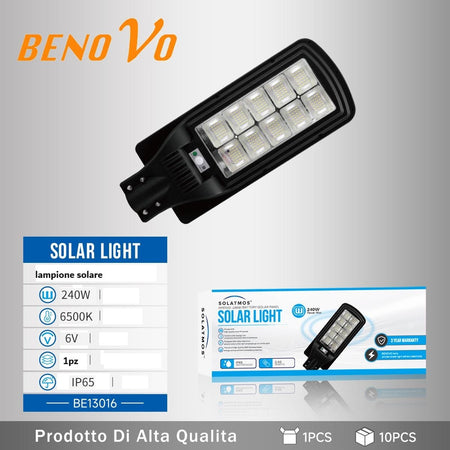 LAMPIONE LED 240W CON PANNELLO SOLARE SENSORE CREPUSCOLARE LUCE FREDDA 6500K IP65 +TELECOMANDO + STAFFA