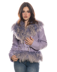 Mongolia - Giacca Donna Lilla in vera pelle e vera pelliccia