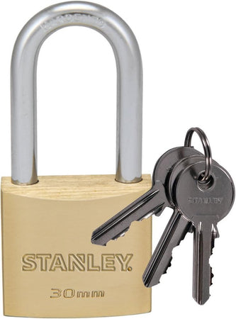 Stanley Lucchetto Arco Lungo in Acciaio Cementato, Corpo in Ottone Massiccio 30 mm, 3 Chiavi