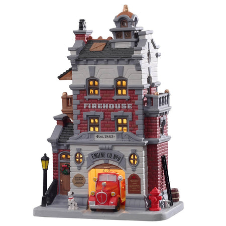 Caserma dei Pompieri "Engine Company No. 9", edificio illuminato per villaggio di Natale in porcellana