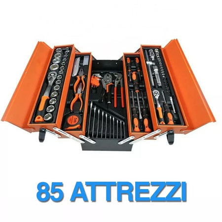 Cassetta attrezzi completa di 85 utensili a 5 scomparti chiavi cricchetti pinze