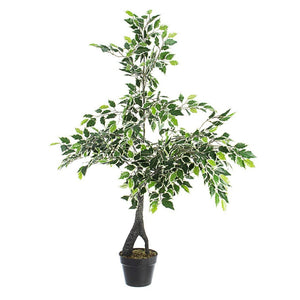 Pianta artificiale "Ficus" con foglie in tessuto, tronco in legno, vaso in plastica