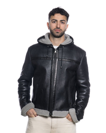 James - Giacca Uomo Nero in vero montone Shearling Grigio con Cappuccio