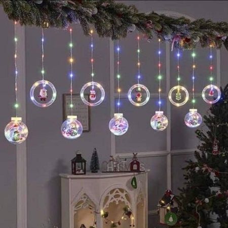 Luci Natalizie 3d 3mt Tenda Usb Interni Rgb Anelli Con Figura Natale Decorazione