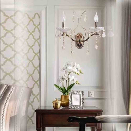 Applique Candelabro 2 Bracci Con Pendenti Gocce Cristallo Retrò Attacco E14 E68-2