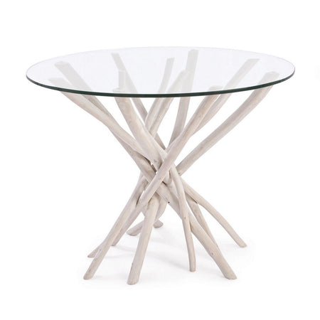 Tavolo "C-V Sahel", con gambe in rami di teak, piano in vetro temperato, stile moderno