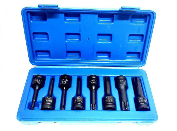 Set 8 Pezzi Chiavi Bussole Torx Attacco 1/2" T30 T80 A Impatto Lunghe 78 Mm