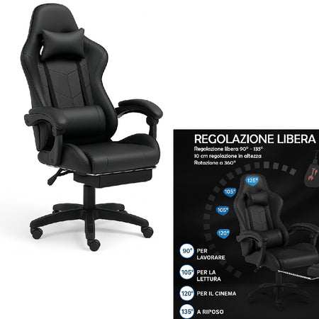 Sedia Gaming Ergonomica Reclinabile in Ecopelle con Poggiapiedi e Cuscini Lombari