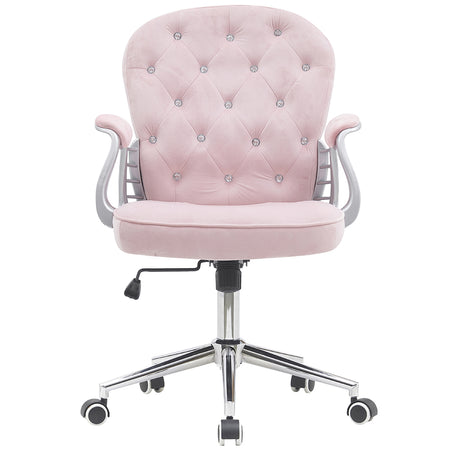 Sedia da Ufficio Elegante in Velluto Rosa Poltrona Imbottita da Scrivania con 5Ruote