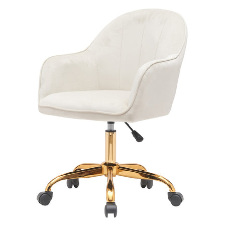 Sedia Poltrona Girevole Casa Ufficio in Velluto Crema e Metallo Oro 5 ruote Elegante