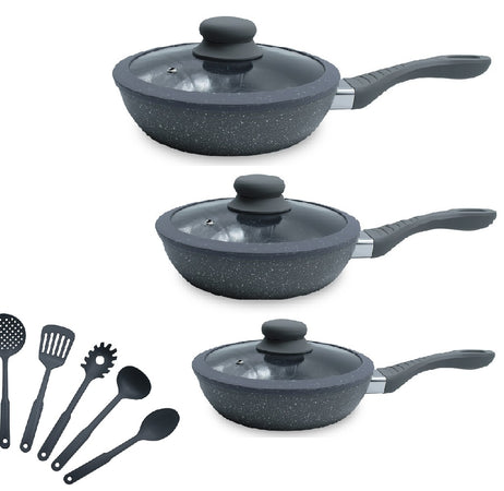 Set Padelle Induzione Pietra Antiaderenti 20/24/28 cm con Coperchi e 5mestoli Grigio