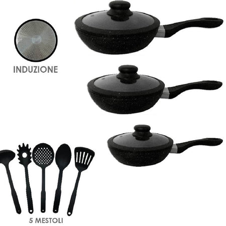 Set Padelle Induzione Pietra Antiaderenti 20/24/28 cm con Coperchi e 5mestoli Nero