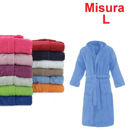 Accappatoio in Micro Spugna con Cappuccio Tasche Uomo Donna Celeste Taglia L