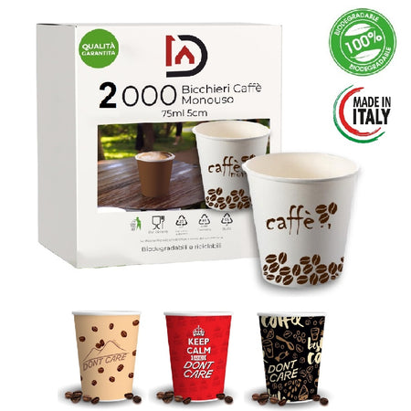 Bicchieri Caffe Carta 75ml Maxi Scorta 2000pz 100% Biodegradabili Made in Italy