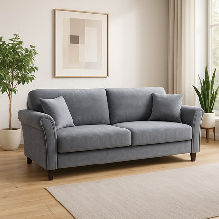 Divano 3Posti Velluto Imbottito Relax Design Moderno 212cm Struttura Legno Grigio