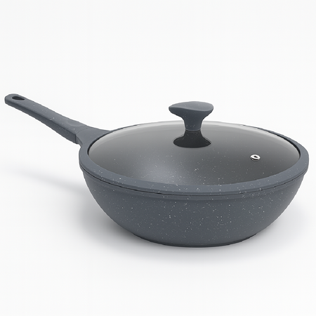 Padella Wok Antiaderente 30cm Alluminio Pietra con Coperchio Vetro Induzione Grigio