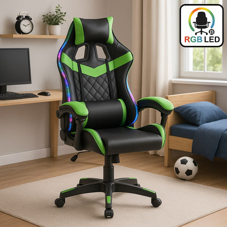 Sedia Gaming Scrivania Led RGB Ergonomica Altezza Eegolabile con 2Cuscini Nero Verde