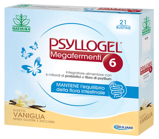 Psyllogel megafermenti 6 per l'uso prolungato del mantenimento dell'equilibrio della flora intestinale gusto vaniglia 21 bustine