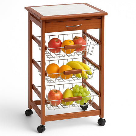 Carrello Cucina Legno Ciliegio 3 Cestelli Acciaio e Piano Ceramica Salvaspazio