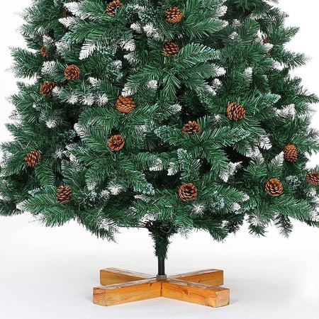 Albero di Natale Innevato 180cm Folto con Pigne 831 Rami Base Legno Massello