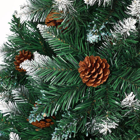 Albero di Natale Innevato 180cm Folto con Pigne 831 Rami Base Legno Massello