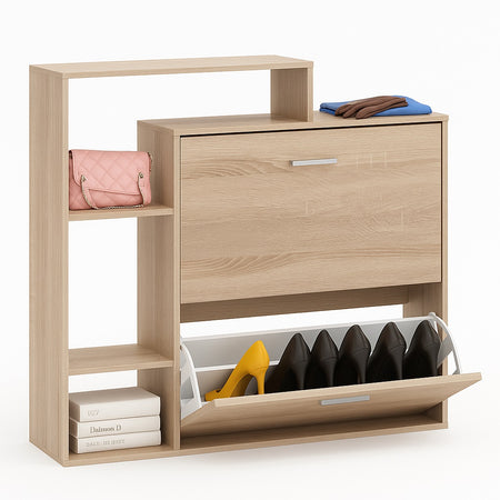 Scarpiera Doppia Profondità con Libreria 4 Ripiani Salvaspazio 102x25x98 cm Quercia