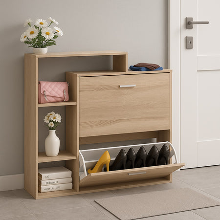 Scarpiera Doppia Profondità con Libreria 4 Ripiani Salvaspazio 102x25x98 cm Quercia