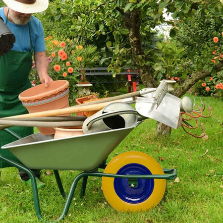 Ruota Piena Antiforatura Carriola 35cm PU Gialla con Asse Acciaio 17cm Resistente