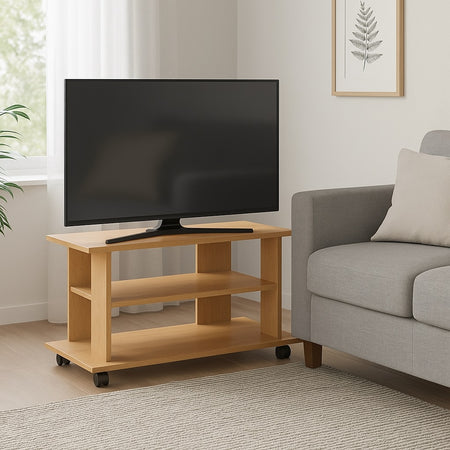 Mobile TV in Legno MDF con Ruote e 2 Ripiani Porta Televisore Moderno 80x40x45 cm Quercia