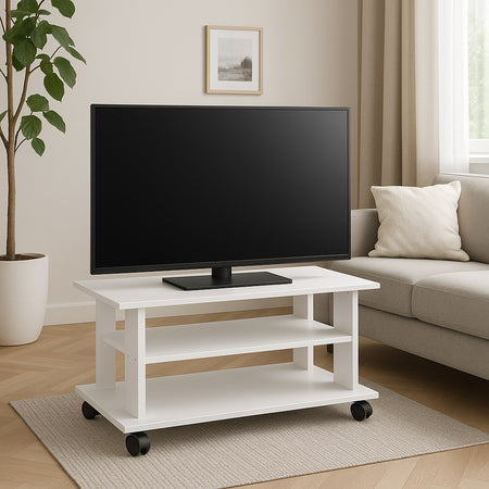 Mobile TV in Legno MDF con Ruote e 2 Ripiani Porta Televisore Moderno 80x40x45 cm Bianco