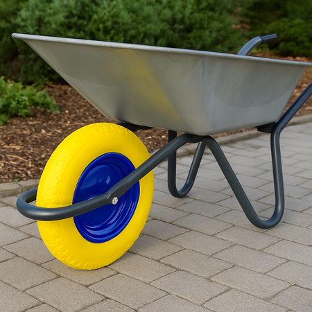 Ruota Piena Antiforatura Carriola 35cm PU Gialla con Asse Acciaio 17cm Resistente