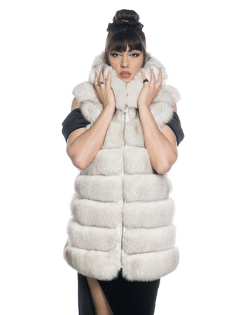 Arianna - Smanicato Donna Bianco in vera pelliccia di volpe con cappuccio