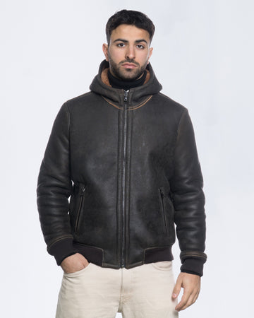 Carlo - Bomber Uomo in Shearling Testa di Moro con Cappuccio