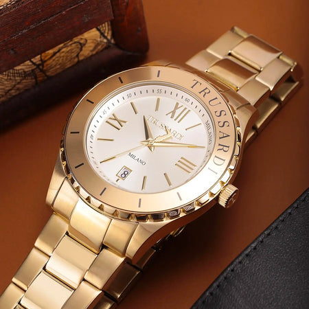 Orologio TRUSSARDI uomo T-logo datario acciaio dorato